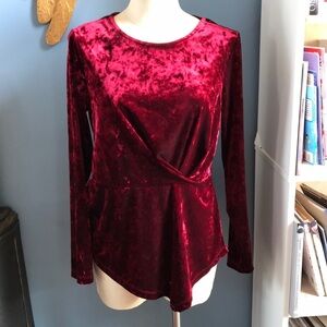 Christopher & Banks burgundy velvet asymmetric crew neck long sleeves blouse top